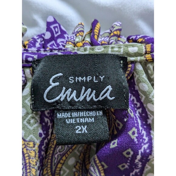 Simply Emma Top Women's sz 2X V-neck Handkerchief Print Multi Boho Peasant Panes - Picture 2 of 15